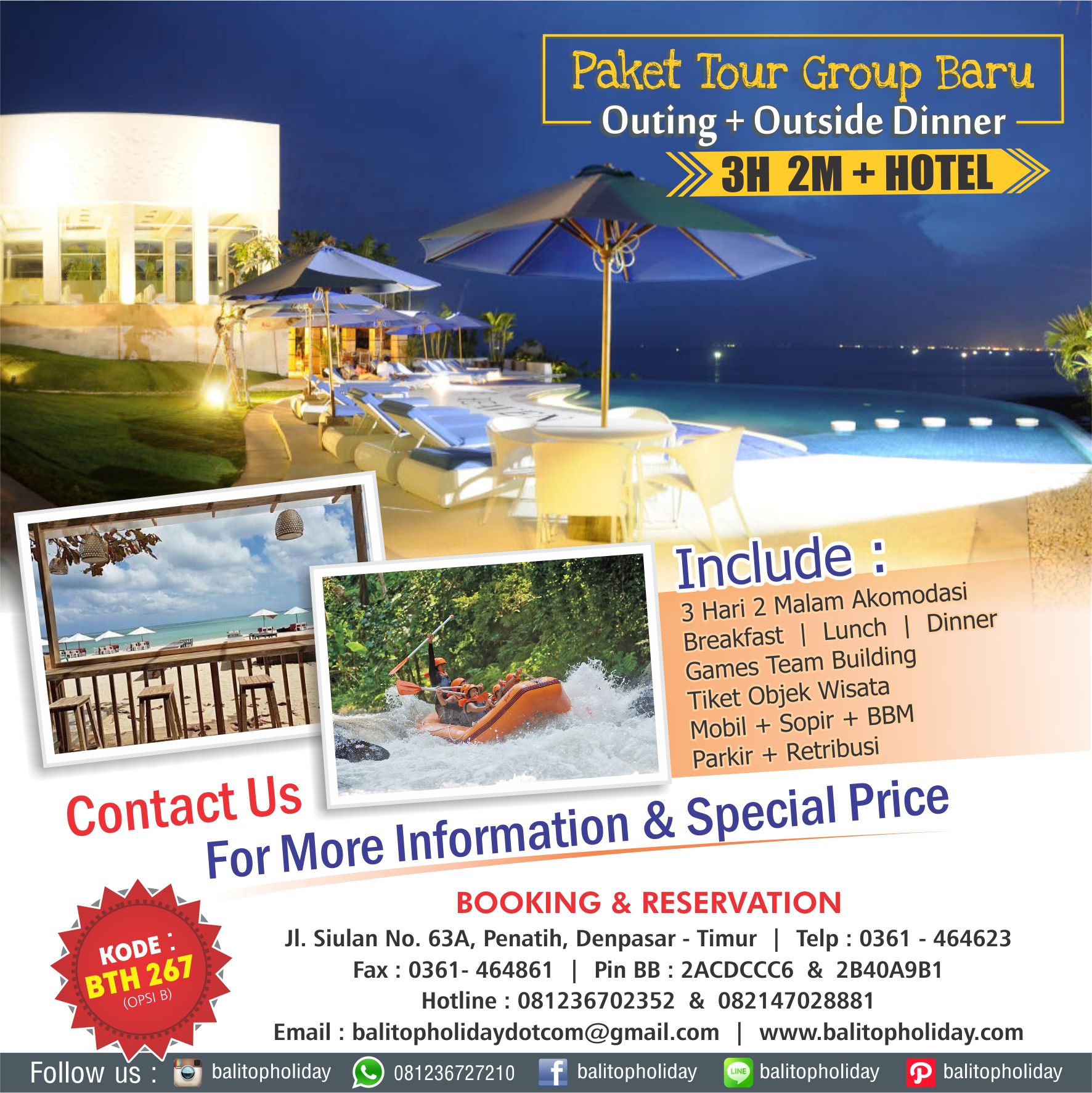 Paket Tour Group Baru 3 Hari 2 Malam + Hotel (Outing + Outside Dinner) OPSI B)